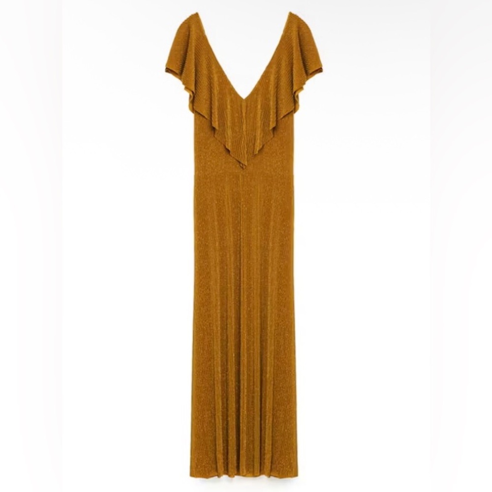 Zara Gold Metallic Micro Pleated Bodycon Midi Dress M